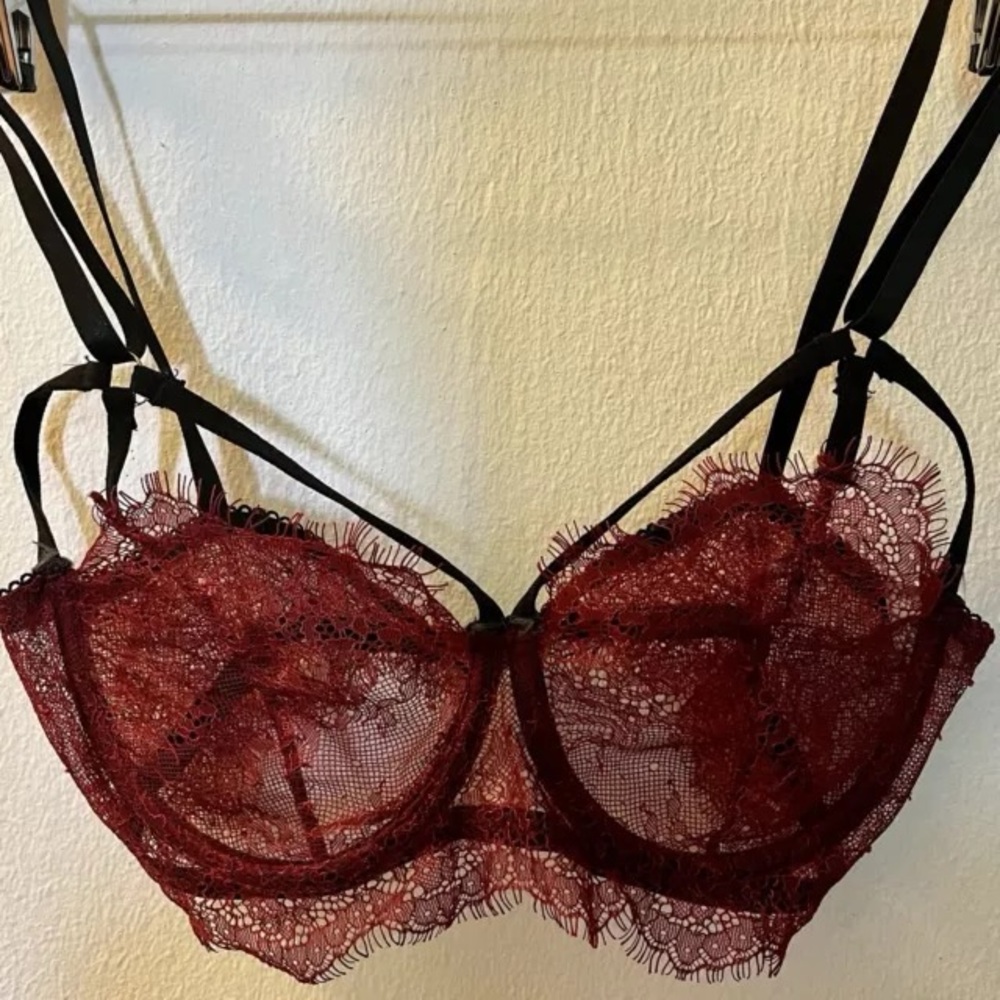 Red Lacy Cage Bra With Black Straps And Underwire. NWOT, Small. Sexy Goth